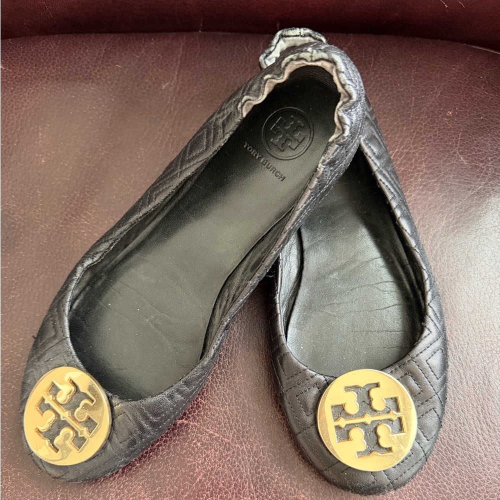 Tory Burch Black Quilted Logo Round-Toe Flats with Gold Emblems